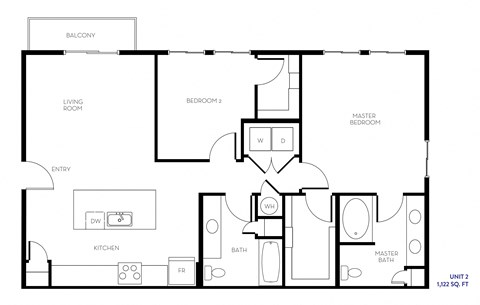 Floor plan for 2 beds, 2 baths, 1122 sqft